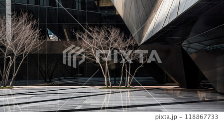 Leafless trees standing in front of modern office building 118867733
