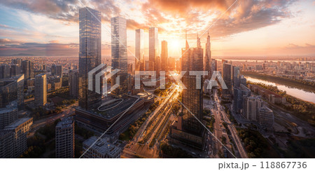 Modern city skyline bathing in golden light of rising sun 118867736