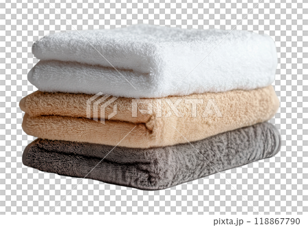 Stack of freshly rolled towels in vibrant colors displayed on a clean white background 118867790
