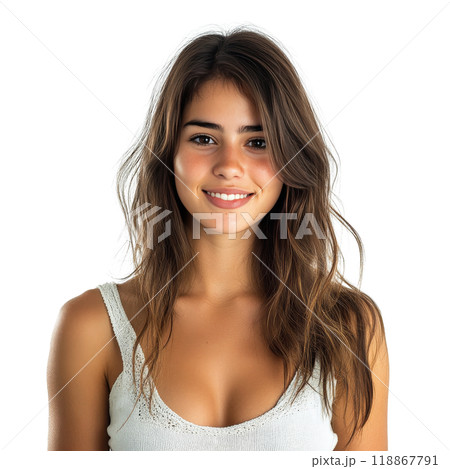 Smiling young woman with long hair wearing a light tank top posing against a plain white background 118867791