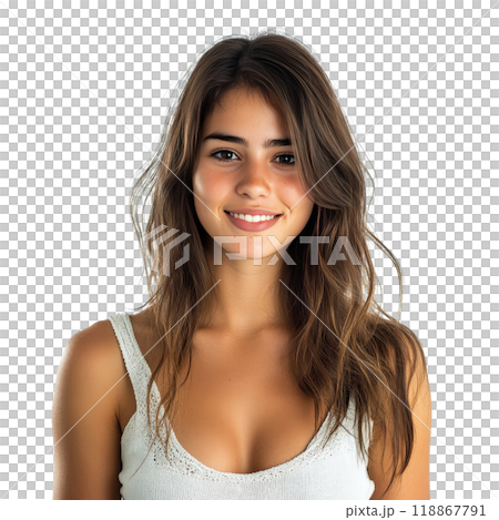 Smiling young woman with long hair wearing a light tank top posing against a plain white background 118867791