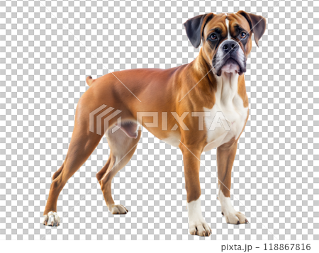 Boxer dog standing and looking at camera, isolated on a white background. 118867816
