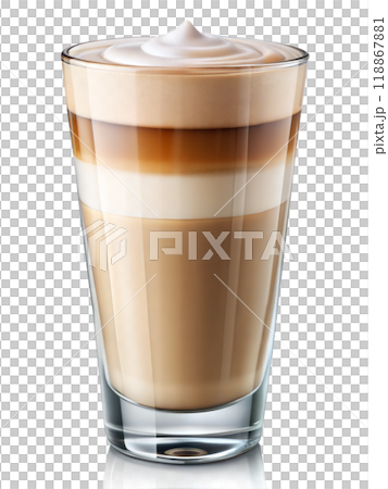 Hot layered latte coffee on glass isolated white background, cappuccino coffee in glass 118867881