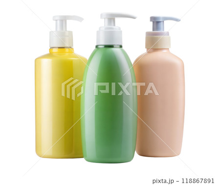 Colored plastic bottles with liquid soap, shampoo or shower gel isolated on white background. Colored plastic bottles with liquid soap, shampoo or shower gel isolated on white background. 118867891