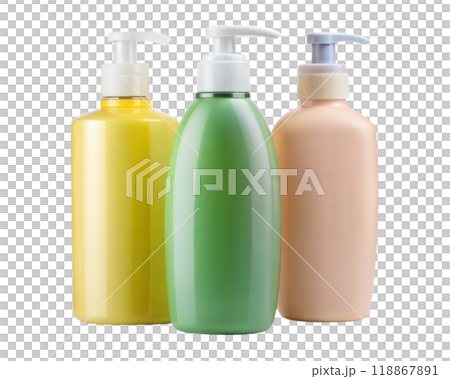 Colored plastic bottles with liquid soap, shampoo or shower gel isolated on white background. 118867891