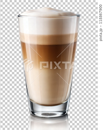 Hot layered latte coffee on glass isolated white background, cappuccino coffee in glass 118867900