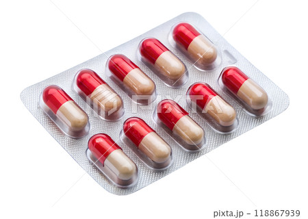 Medical pills in blister pack isolated on white background. Metal tablet blister. Silver blister with drugs 118867939