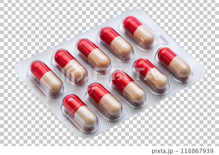 Medical pills in blister pack isolated on white background. Metal tablet blister. Silver blister with drugs 118867939
