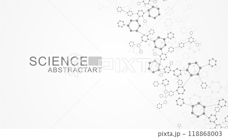 Modern scientific background with hexagons, lines and dots. Wave flow abstract background. Molecular structure for medical, technology, chemistry, science. Vector illustration 118868003
