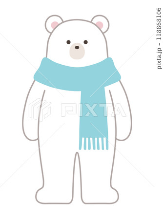 マフラーをつけた白熊のベクターイラスト。冬、シロクマ、ホッキョクグマ、立つ 118868106