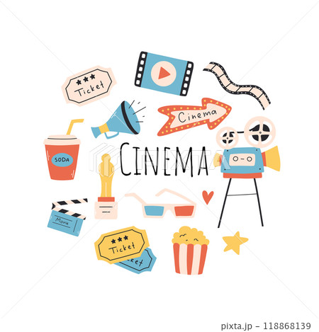 Set of cinema elements. Vector illustration. Flat style. Collection of hand drawn cinema elements. 118868139