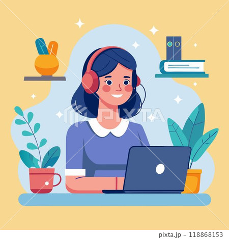 Woman freelancer character with laptop. Modern business management. Cartoon marketing idea. Digital web profession. Online freelancer job 118868153