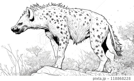 Predatory Hyena Standing Against Dry Shrubbery Coloring Book Page for Kids Detailed Hyena Illustration Arid Landscape Scene Fun Wildlife Drawing for Children Fierce Animal Art Page 118868228