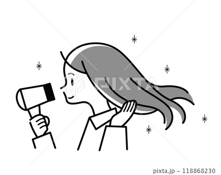 ドライヤーで髪を乾かす若い女性のモノクロイラスト 118868230