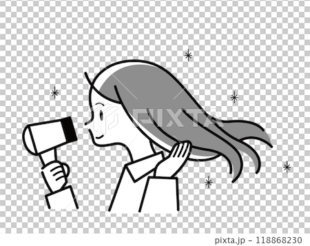 ドライヤーで髪を乾かす若い女性のモノクロイラスト 118868230