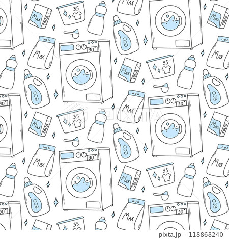 Seamless pattern with wash elements. Print wash laundry. Vector illustration. Doodle style. Pattern with powder, washing gel, washing machine. Seamless pattern with wash elements. Print wash laundry. Vector illustration. Doodle style. Pattern with powder, washing gel, washing machine. 118868240