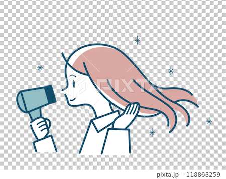 Illustration of a young woman drying her hair with a hair dryer 118868259
