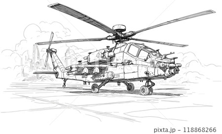 Military Attack Helicopter on Takeoff Pad Coloring Book Page for Adult Detailed Illustration Aviation Scene Exciting Military Vehicle Drawing Dynamic Aircraft Art Page 118868266