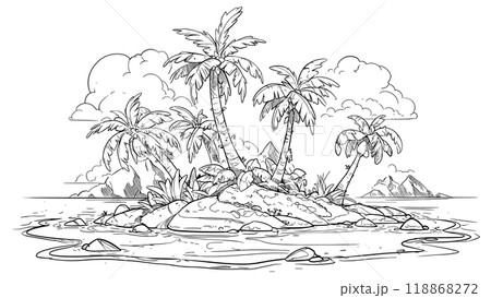 Little Island with Palm Trees Coloring Book Page for Kids Adorable Island Illustration Tropical Scene Fun Beach Drawing for Children Playful Paradise Art Page 118868272