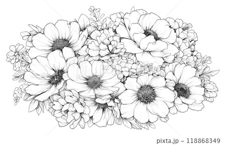 Composition of Beautiful Large Flowers in Oval Shape Coloring Book Page Elegant Floral Arrangement Fun Oval Design Garden Scene Drawing Graceful Flower Art Page 118868349