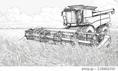 Combine Harvester in Wheat Field Coloring Book Page for Adults Detailed Harvester Illustration Harvesting Scene Fun Agricultural Drawing Farm Machinery Art Page 118868350