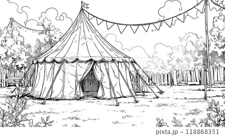 Circus Tent on the Lawn Coloring Book Page for Kids Colorful Circus Illustration Fun Outdoor Scene Playful Lawn Setting Drawing for Children Exciting Big Top Art Page 118868351