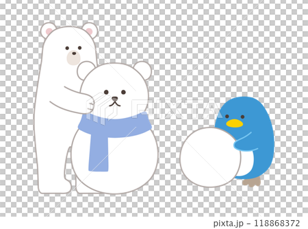 北極熊和企鵝堆雪人的向量圖。冬天, 北極熊, 北極熊 118868372