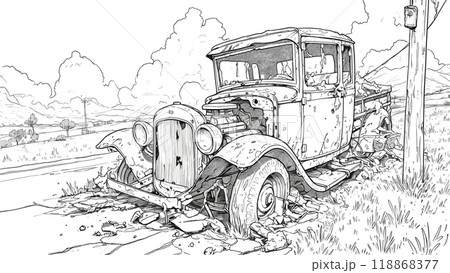 Abandoned Dismantled Car on Side of Deserted Road Coloring Book Page Detailed Illustration Isolated Road Scene Fun Vehicle Drawing for Children Forgotten Transportation Art Page 118868377