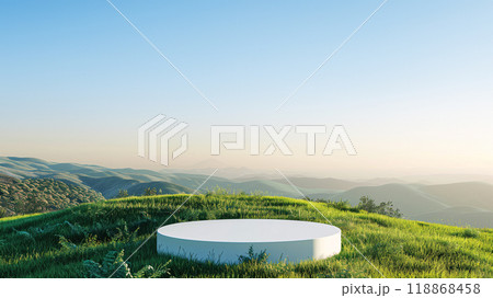 Empty minimal circle podium for product advertisement on a grassy hilltop with clear blue sky background. AI generated. Empty minimal circle podium for product advertisement on a grassy hilltop with clear blue sky background. AI generated. 118868458
