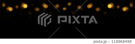 vector horizontal banner many Golden bokeh circles, golden particle on black background. Yellow and Orange light circular design along the top edge of the banner. Background with copyright. 118868498