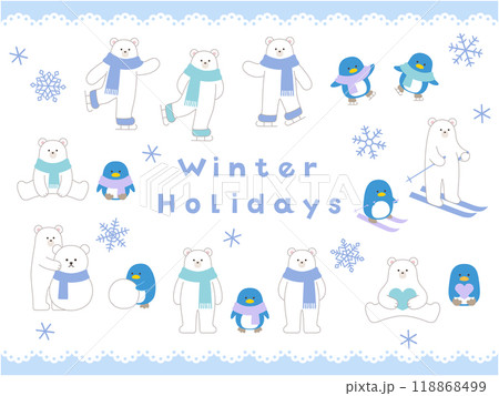 冬の白熊とペンギンのベクターイラスト。シロクマ、マフラー、スキー、スケート、動物 118868499