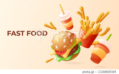 3d fast food banner. Fastfood render realistic ad delivery promotion design template, grilled bun beef burger bbq junk food delicious potato fries stick, exact vector illustration 118868584