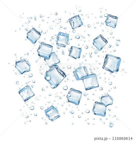 Ice cube bubbles. Frosty purity water with floating frozen cube crystal, cool soda transparent refreshing drink bubble frost aqua stream flow, realistic exact vector illustration Ice cube bubbles. Frosty purity water with floating frozen cube crystal, cool soda transparent refreshing drink bubble frost aqua stream flow, realistic exact vector illustration 118868614