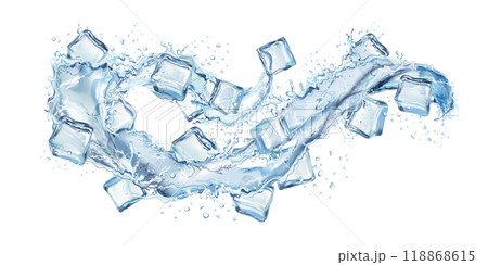 Ice water flow. Frozen cubes and liquid stream waves splash, solid crystal piece aqua energy clear drip freeze cascade cool iced splashes motion realistic exact vector illustration Ice water flow. Frozen cubes and liquid stream waves splash, solid crystal piece aqua energy clear drip freeze cascade cool iced splashes motion realistic exact vector illustration 118868615