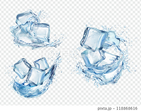Ice cube splashes. Icy cubes with freezed water stream splash, frozen liquid wave flow spray 3d freeze crystal square iced aqua block splashing, realistic exact vector illustration Ice cube splashes. Icy cubes with freezed water stream splash, frozen liquid wave flow spray 3d freeze crystal square iced aqua block splashing, realistic exact vector illustration 118868616
