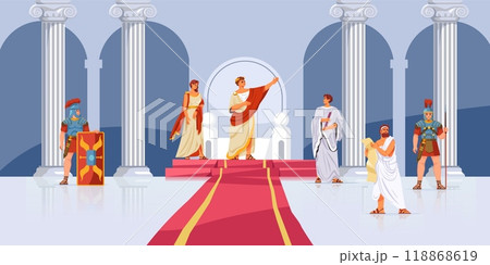 Rome emperor throne. Ancient roman emperor inside castle palace or pantheon building with stone columns, caesar and soldiers characters historic empire recent vector illustration Rome emperor throne. Ancient roman emperor inside castle palace or pantheon building with stone columns, caesar and soldiers characters historic empire recent vector illustration 118868619