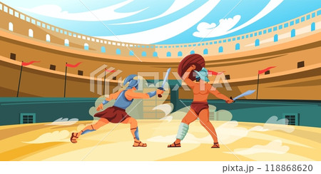 Gladiators fight in coliseum. Roman gladiator battle arena, ancient rome empire colosseum medieval era muscle slave barbarian against armor warrior sword recent vector illustration 118868620