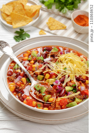 taco soup with kidney bean, corn, ground beef taco soup with kidney bean, corn, ground beef 118868652