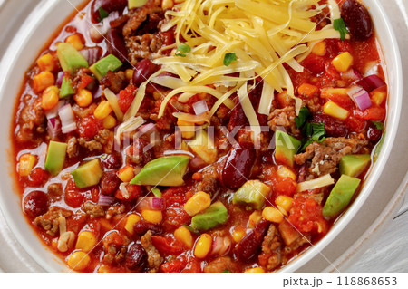 taco soup with kidney bean, corn, ground beef 118868653
