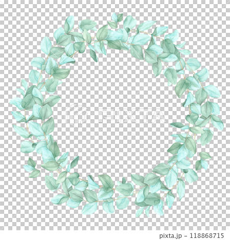 Oval-shaped frame made of delicate green eucalyptus branches surrounding a blank center. Watercolor clipart frame, suitable for logos, custom invitations, or product labels with a botanical theme 118868715