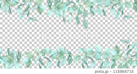 Green eucalyptus leaves arranged in a horizontal border across the top and bottom of the label. Seamless border, watercolor clipart for home decor accents, business cards, or product labels Green eucalyptus leaves arranged in a horizontal border across the top and bottom of the label. Seamless border, watercolor clipart for home decor accents, business cards, or product labels 118868718