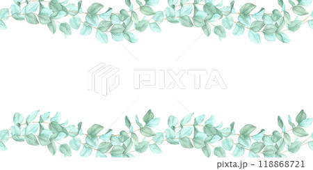 A horizontal line of green eucalyptus branches arranged closely together. Seamless border, watercolor clipart. Perfect for website banners, headers, and packaging designs with a botanical element A horizontal line of green eucalyptus branches arranged closely together. Seamless border, watercolor clipart. Perfect for website banners, headers, and packaging designs with a botanical element 118868721