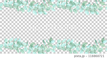 A horizontal line of green eucalyptus branches arranged closely together. Seamless border, watercolor clipart. Perfect for website banners, headers, and packaging designs with a botanical element A horizontal line of green eucalyptus branches arranged closely together. Seamless border, watercolor clipart. Perfect for website banners, headers, and packaging designs with a botanical element 118868721