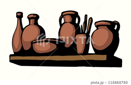 Vector drawing. Potters on the shelf Vector drawing. Potters on the shelf 118868780