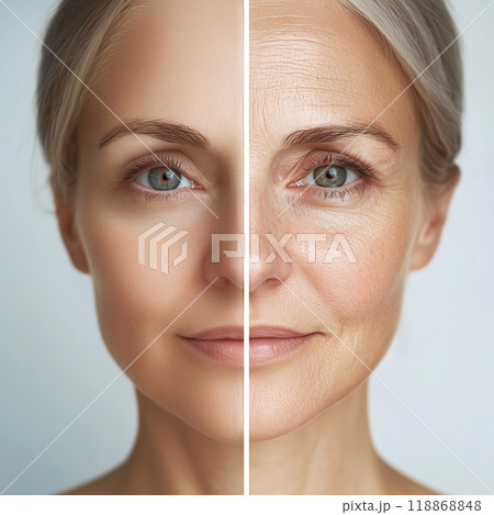 Before and after: aging effect on female face with wrinkle comparison 118868848