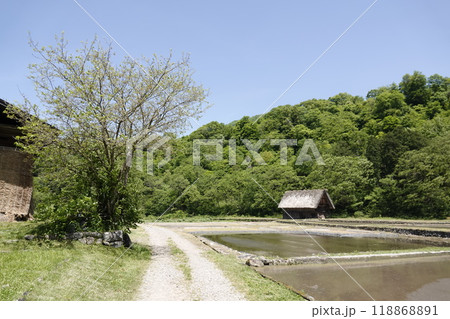 新緑が美しい山間の水田とその脇に建つ納屋 新緑が美しい山間の水田とその脇に建つ納屋 118868891
