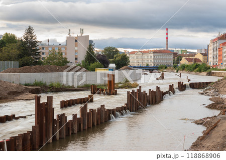 Flood wall in river basin of Svratka, Brno, Czech republic, floods after storm Boris, September 15, 2024. 118868906