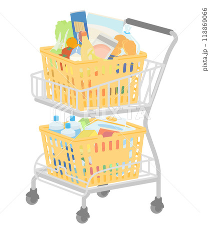 たくさん商品を入れたカゴを2つのせたショッピングカートのイラスト 118869066