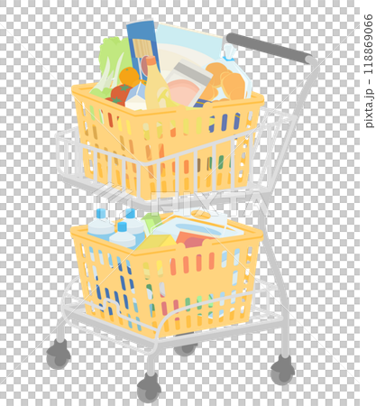 たくさん商品を入れたカゴを2つのせたショッピングカートのイラスト 118869066