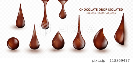 Chocolate drop isolated on transparent background. Realistic glossy vector drips of brown cream, molten dark chocolate, cocoa, ganache sauce. Chocolate drop isolated on transparent background. Realistic glossy vector drips of brown cream, molten dark chocolate, cocoa, ganache sauce. 118869457